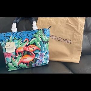 Anuschka,leather, hand painted, flamingo tote.